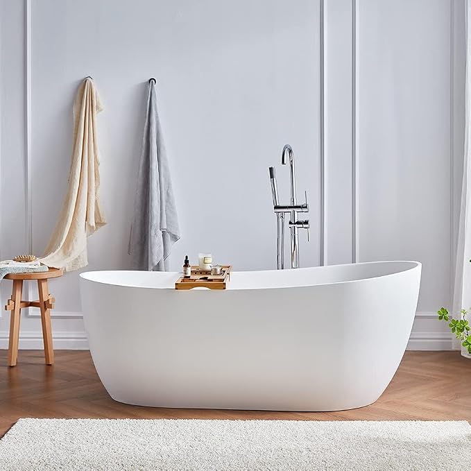 Cpingao 59" Solid Surface Freestanding Bathtub, Contemporary Oval Stone Resin by Cpingao