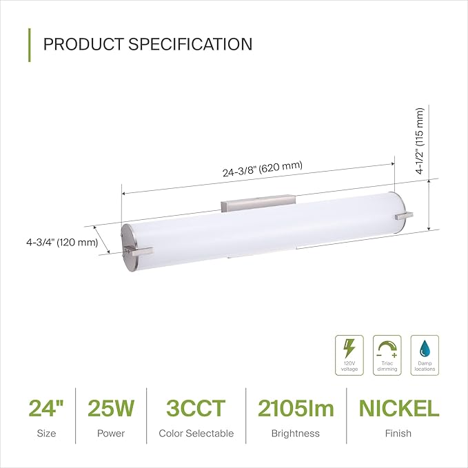 ASD LED 24" Vanity Wall Mount Light Fixture, Linear Bathroom Lighting Bar | 3CCT - Image 2