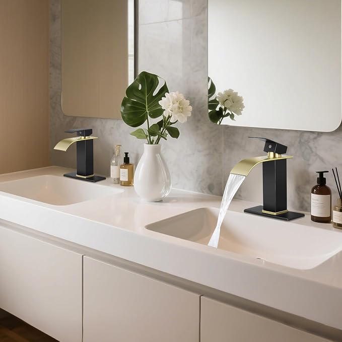 Bathroom Faucets Matte Black and Gold Waterfall Bathroom Sink Faucet Modern - Image 7
