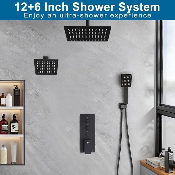 POP SANITARYWARE Matte Black Shower Faucet Set Bathroom Rainfall Shower System - Image 2