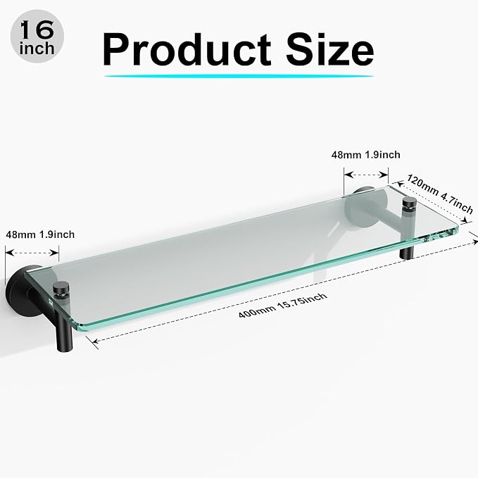 Glass Shelves for Bathroom, 16-Inch Matte Black Floating Bathroom Shelf - Image 3