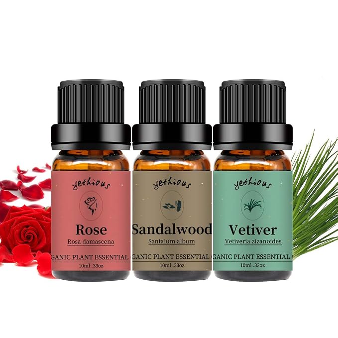 yethious 3 Pack Rose Sandalwood Vetiver Essential Oil Set Organic Pure by yethious