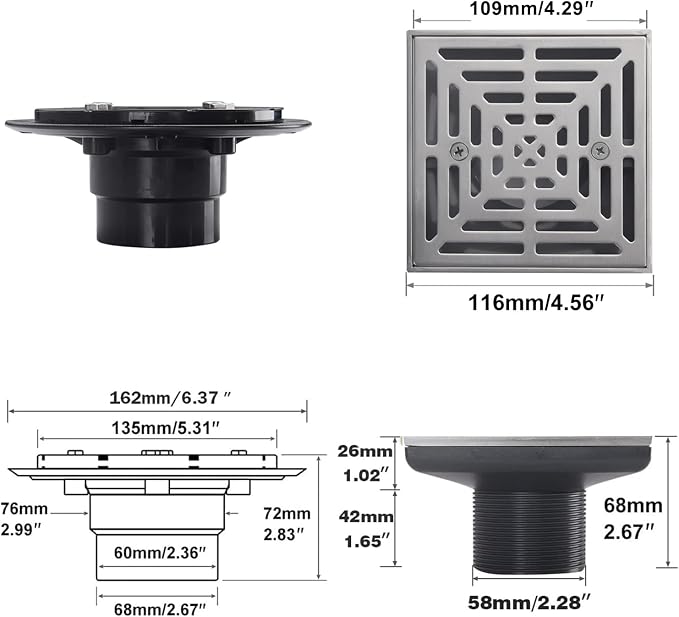 4-1/4"Square Brushed Nickel Shower Drain，Base - Image 5