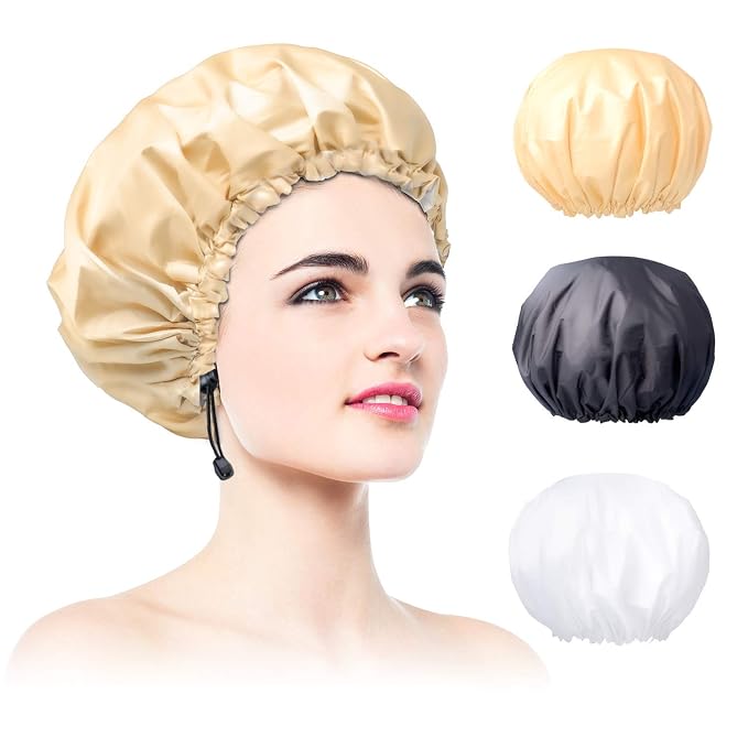 3 Pack Extra Large Double Layer Adjustable Shower Caps by WINSTECK