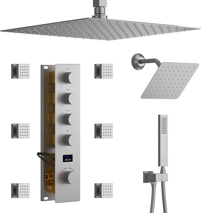 Shower System Brushed Nickel Shower Faucet Set, Digital Tempreature Display by KATAIS