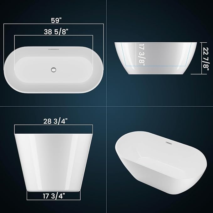 59" Free Standing Tub, Acrylic Soaking Bathtub, Stand Alone Freestanding Tub - Image 2