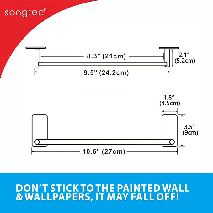 Adhesive Black Towel Bar 9-inch, Stick On Bath Towel Rack, Hand Towel Holders - Image 6