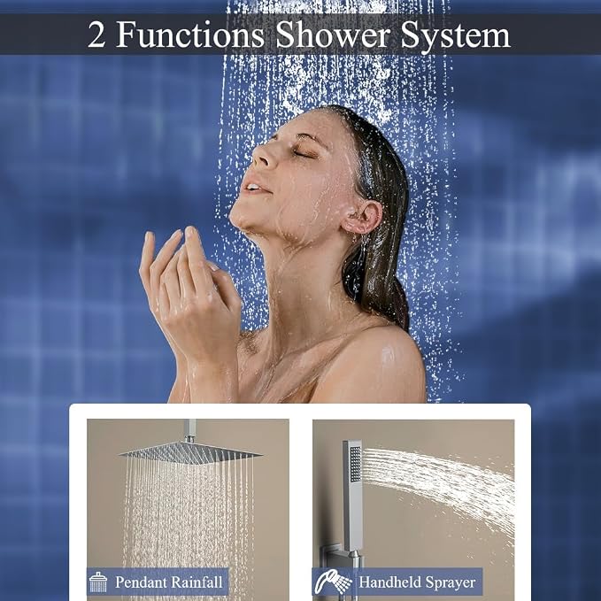 12 Inch Brushed Nickel Ceiling Mount Shower System Bathroom Luxury Rain Mixer - Image 3