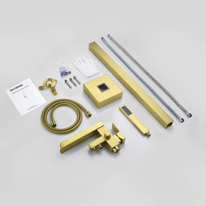 Freestanding Bathtub Faucet Brushed Gold Waterfall Tub Filler Floor Mount Brass - Image 7