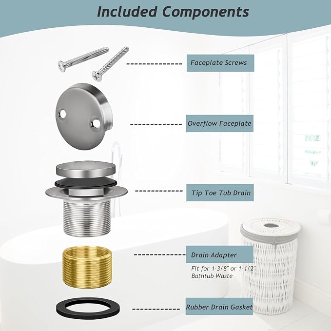 Tip-Toe Bathtub Drain Kit with Two-Hole Overflow Plate, Universal Fine/Coarse - Image 6