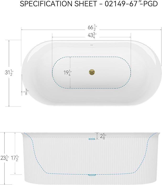 FerdY Nami 67" Acrylic Freestanding Bathtub, V Shape Freestanding Soaking - Image 7