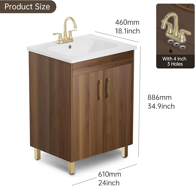 phiestina 24 Inch Walnut Small Bathroom Vanity, Fully Pre-Assembled Bathroom - Image 3