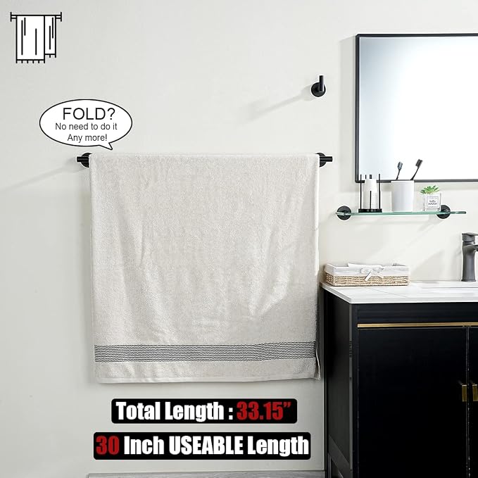 JQK Black Bath Towel Bar, 33 Inch 304 Stainless Steel Thicken 0.8mm Towel Rack - Image 3