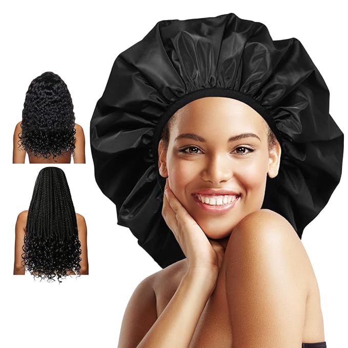 Auban Extra Large Shower Cap, Double-Layer Waterproof Reusable, XL Satin Lining by Auban