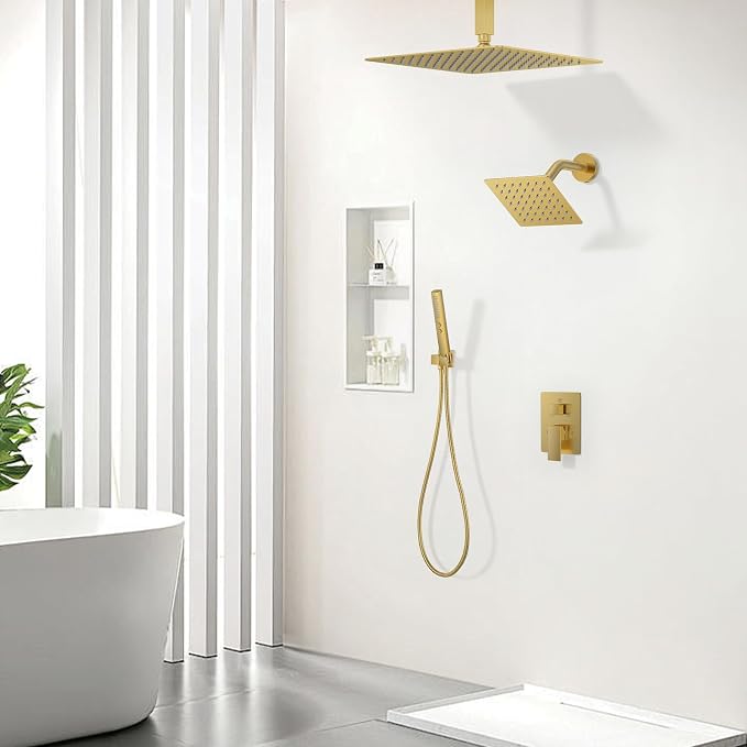 Shower Faucet Set, Ceiling Mount Rainfall Shower Head System 12" + 6" Dual Rain - Image 2