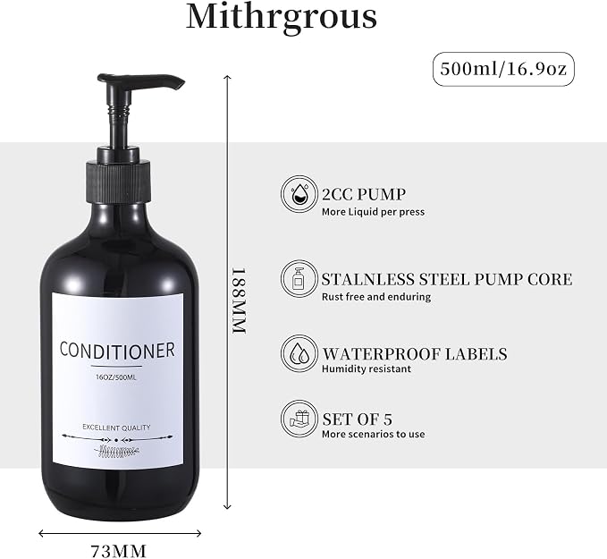 Stylish Shampoo Dispenser Bottles, 16.9oz Black Shampoo Bottles Refillable - Image 4