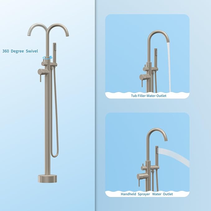 Freestanding Tub Filler Brushed Nickel Floor Mount Bathtub Faucet Bathroom - Image 3