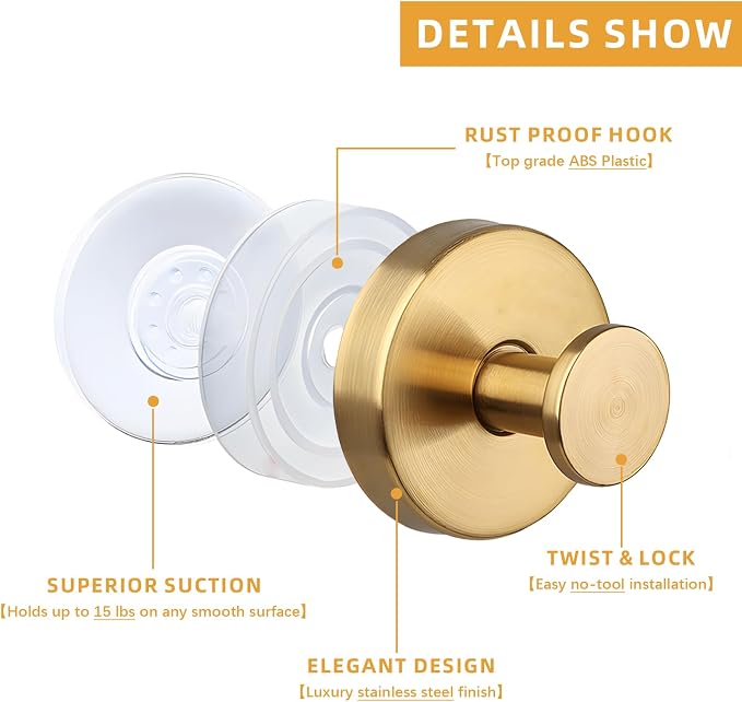2 Pcs Suction Cup Hooks, Stainless Steel Removable Shower Towel Hook, No Drill - Image 3