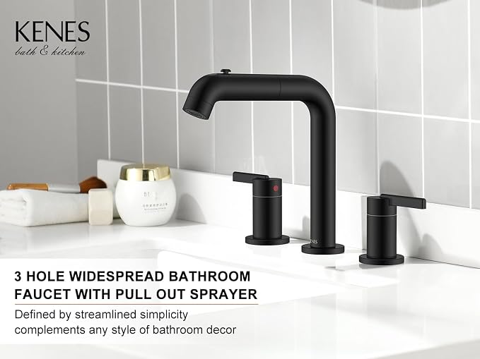 KENES Matte Black Pull Out Bathroom Faucet, 8 Inch 2 Handle Widespread Bathroom - Image 2
