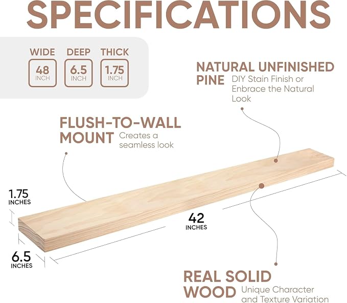 Homeforia 42 inch Wood Floating Shelf, High End Solid Natural Wood 42inch Large - Image 2