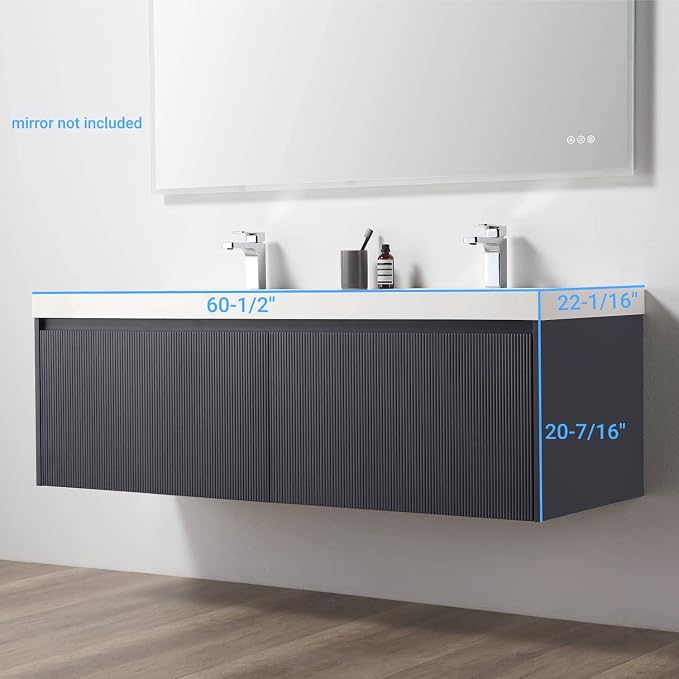 Blossom 60 Inch Double Sink Bathroom Vanity, All Wood Wall Mounted Floating - Image 3