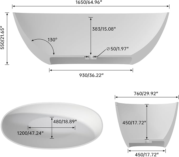 SJ STAR&JANE 69" Solid Surface Freestanding Bathtub, Matte White Stone Resin - Image 8