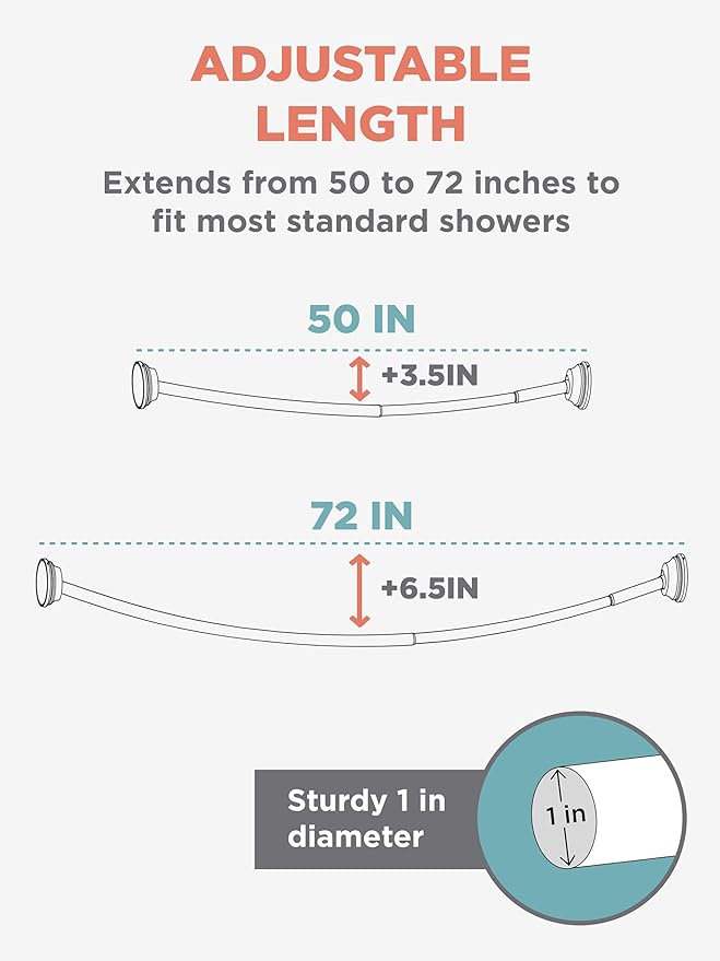 Zenna Home Curved Shower Curtain Rod, No Drill, 50-72 Inch Adjustable Tension - Image 3