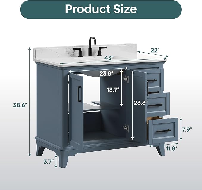 42 Inch Bathroom Vanity with Sink, Fully Assembled Solid Wood Frame Bathroom - Image 2