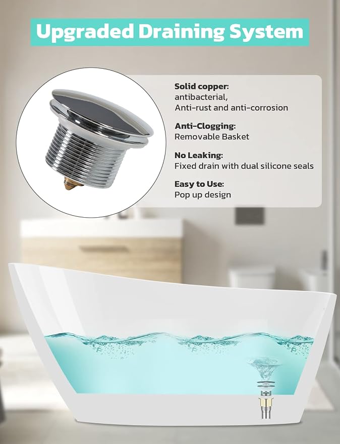 Freestanding Bathtub, 55 inch Acrylic Free Standing Soaking Bathroom Tub - Image 6