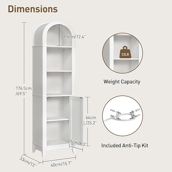 69" Tall Bathroom Storage Cabinet, Tall Arched Freestanding Storage Cabinet - Image 2
