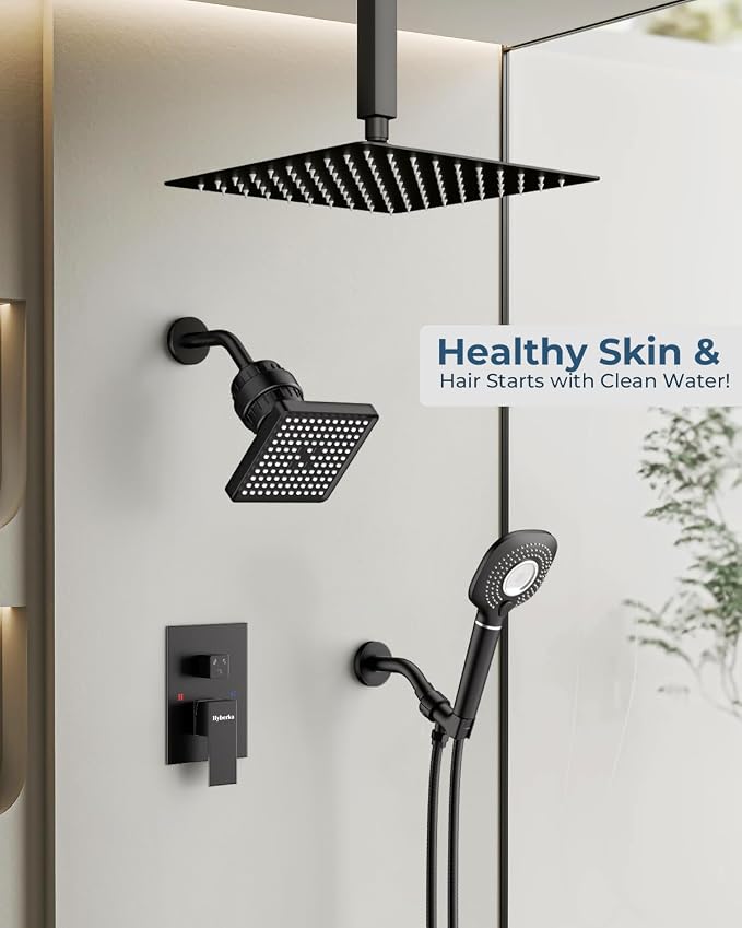 Shower Faucet Set, Ceiling Mount Shower System 10-inch & 6-inch Filtered Black - Image 2