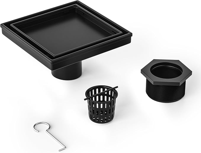 Square Shower Drain 6", Matte Black Floor Drain by Bernkot