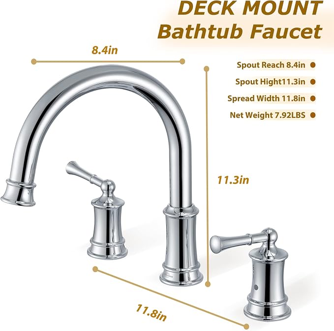 Polished Chrome Roman Tub Faucet, Antique Bathtub Faucet Set 3 Hole, High Flow - Image 3
