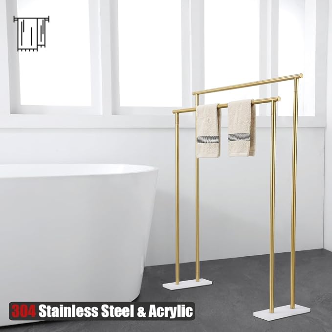 JQK Bath Towel Bar Free Standing Gold, 30 Inch Stand Double Towel Rack Holder - Image 3