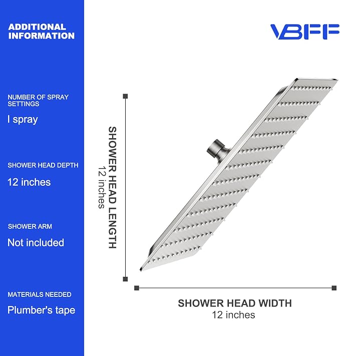 VBFF-Shower Head, rain shower head, 12 inch- Square Shower Head, 1.8 GPM Flow - Image 6