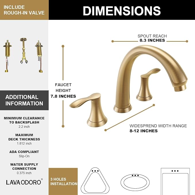 Lava Odoro 2-Handle Widespread Roman Tub Faucet, Bronze Gold Tub Faucet - Image 5