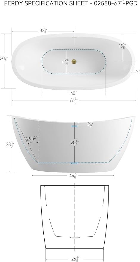 FerdY Naha 67" Freestanding Bathtub, Curve Edge Soaking Bathtub - Image 7
