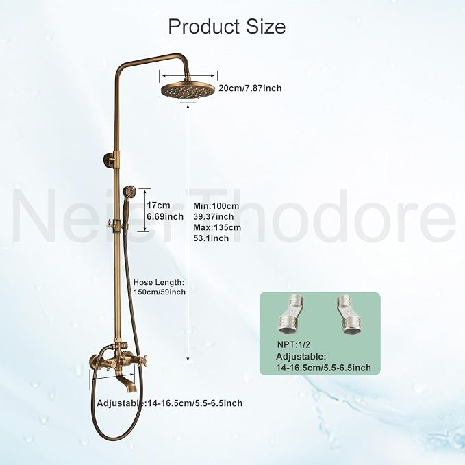 NeierThodore Antique Brass 8-Inch Bathroom Shower Faucet System Rainfall Shower - Image 7