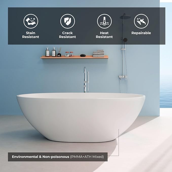 Upgraded 65" Solid Surface Freestanding Bathtub, Oval Stone Resin Tub - Image 2