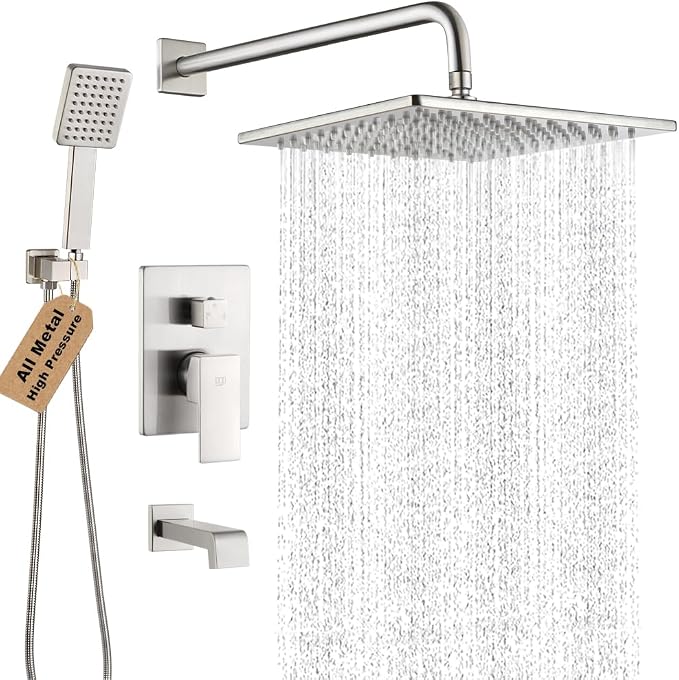 POP SANITARYWARE Shower Tub Faucet Set Brushed Nickel Bathroom Rain Shower by POPSANITARYWARE