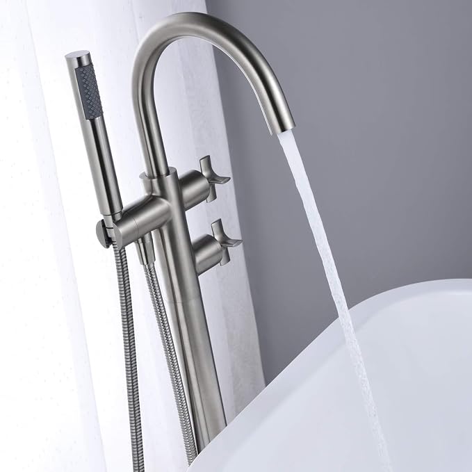 Tub Filler Freestanding Bathtub Faucet Brushed Nickel Floor Mount Brass Faucets - Image 5