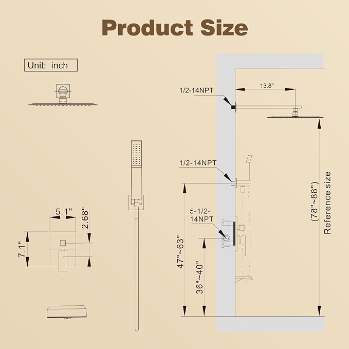 Shower System with Tub Spout, All Metal Tub Shower Faucet Set with 12-Inch Rain - Image 7
