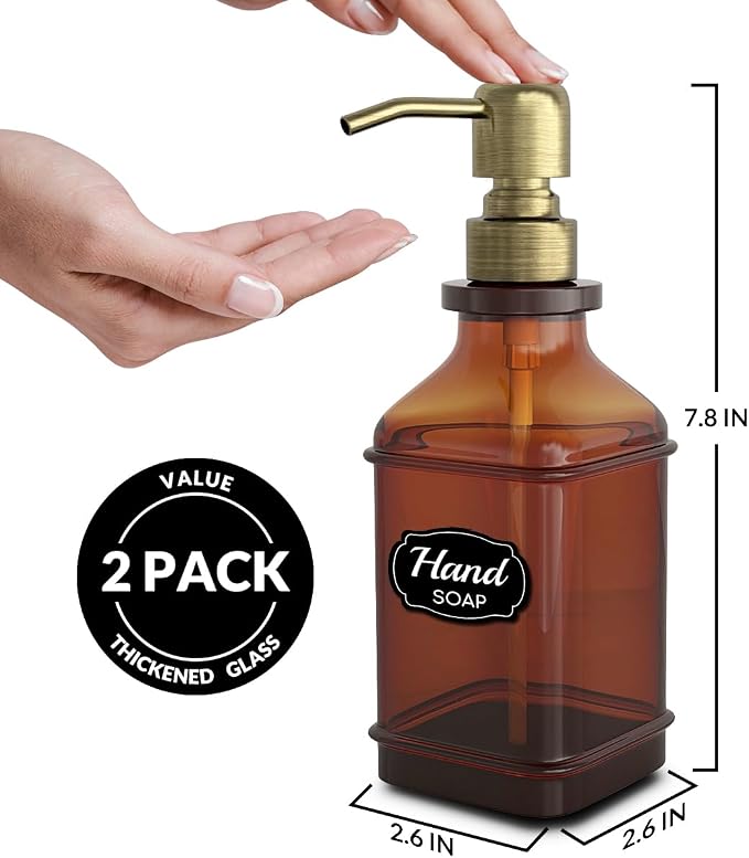 Soap Dispenser - 2 Pack, Antique Design Thick Amber Glass Hand Soap Dispensers - Image 3
