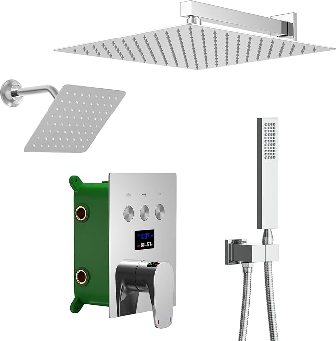 Polished Chrome Shower System Temperature Display Shower Set, Push Button by KATAIS