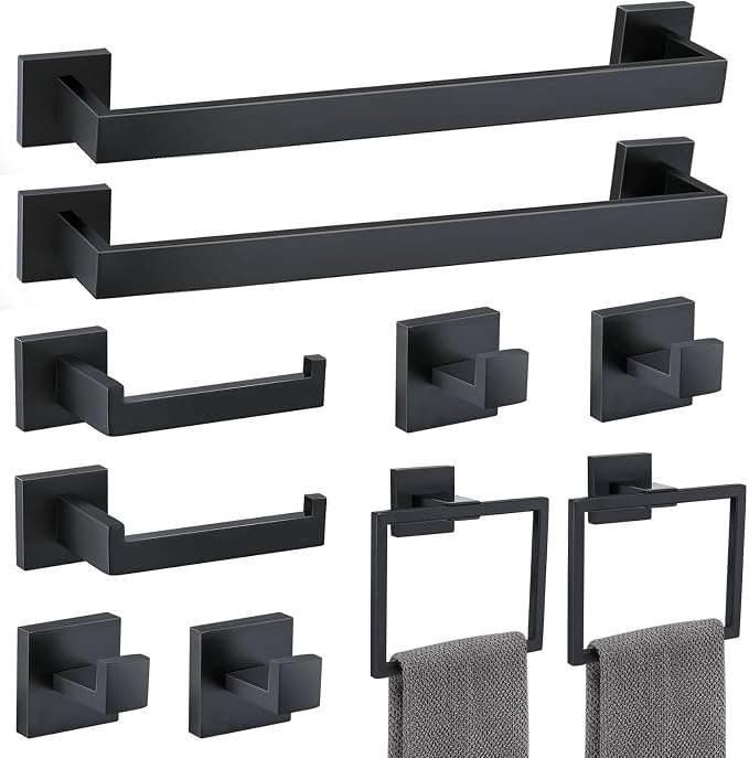 TNOMS Matte Black 10 Pieces Bathroom Hardware Accessories Set Towel Bar Set by TNOMS