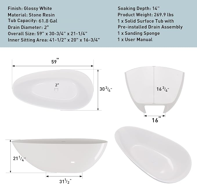 Abruzzo 59“ Solid Surface Freestanding Bathtub, Egg Shell Shaped Stone Resin - Image 3