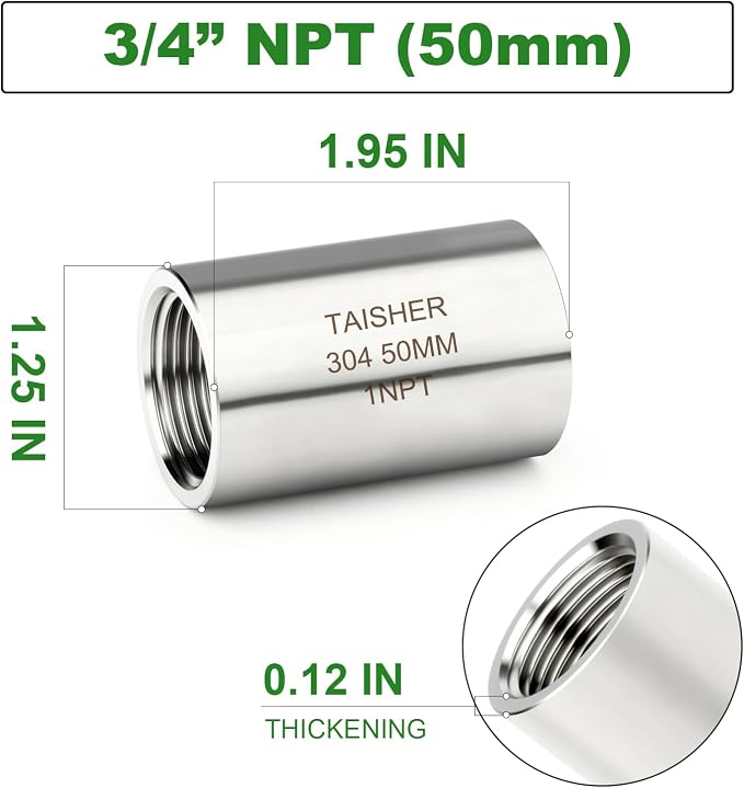 TAISHER 2PCS Stainless Steel Pipe Fittings, 3/4" NPT Female x 3/4" NPT Female - Image 2