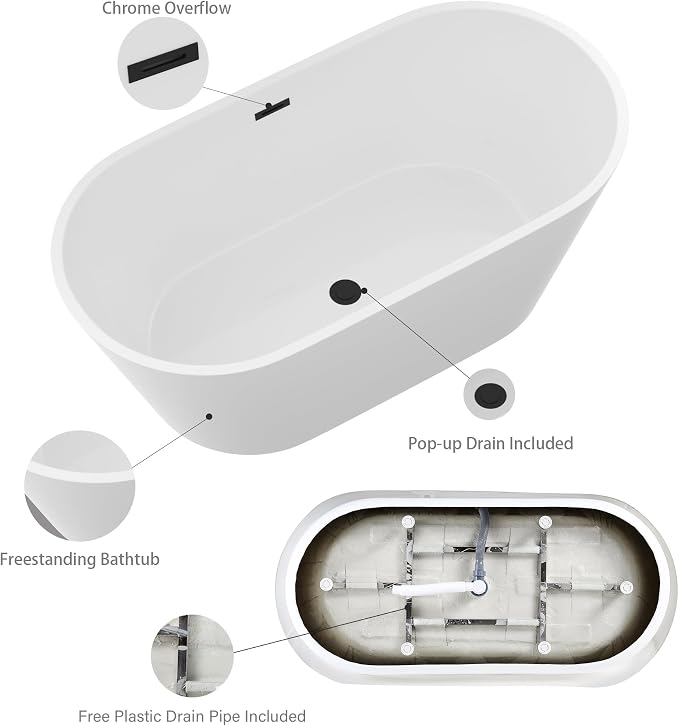 Logmey 59 Inch White Acrylic Freestanding Bathtub Oval Shape Soaking Tub - Image 7