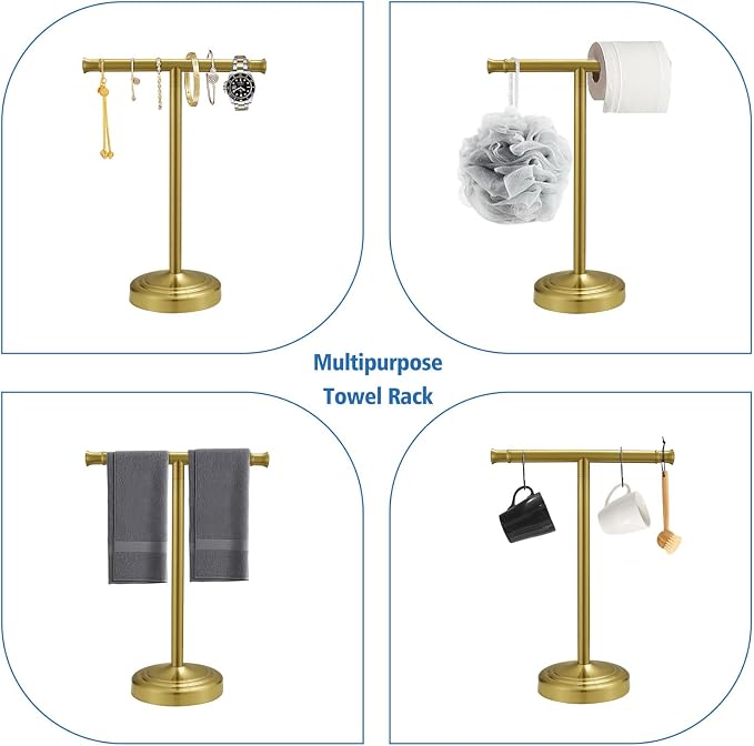 RUMOSE 13 Inch Brushed Gold Towel Stand Hand Towel Holder Bathroom Kitchen - Image 3