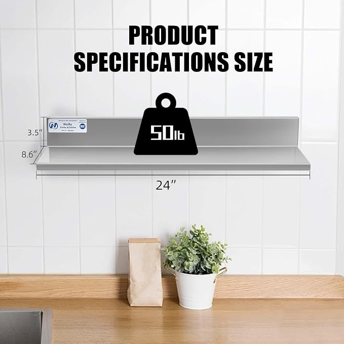 Hally Stainless Steel Wall Shelf 8.6 x 24 Inches 50 lb, NSF Commercial Heavy - Image 3
